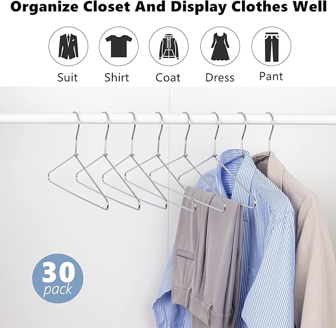 Amber Home 30 Pack Heavy Duty Metal Shirt Coat Hangers, Stainless Steel Clothes Hanger with Polished Chrome, 17 Inch Silver Metal Wire Hanger