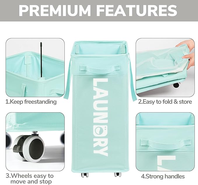 Goodpick Rolling Laundry Basket with Wheels,75L Large Collapsible Laundry Hamper with Removable Wash Bag Space for living room, Blue