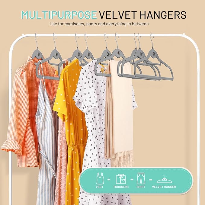 Velvet Hangers 30 Pack, STOPKLAS Grey Clothes Hangers Non Slip Felt Hanger with 360° Swivel Hook, Thin Hangers Space Saving, Heavy Duty Closet Hanger for Clothes, Coats, Suits, Dress, Pants