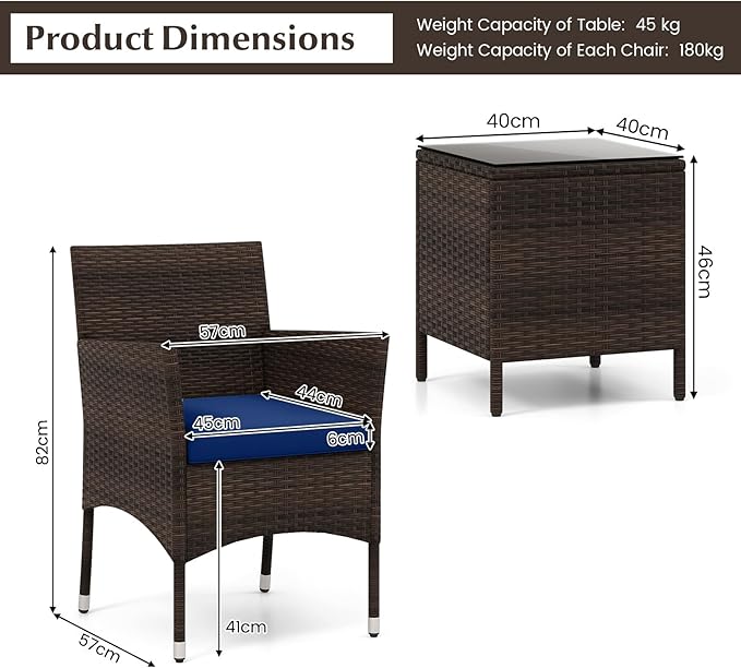 Tangkula 3 Pieces Patio Rattan Furniture Set, Outdoor Conversation Set with PE Wicker Armchairs, Tempered Glass Top Coffee Table, Soft Removable Cushions, for Porch Garden Yard Balcony (Navy)