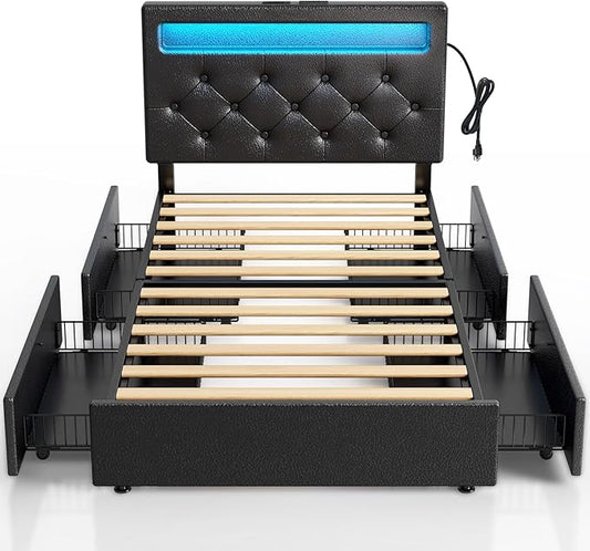 Rolanstar Twin Size Bed Frame with Charging Station and LED Lights, Upholstered PU Leather Bed with Adjustable Headboard and 4 Storage Drawers, No Box Spring Needed, Easy Assembly, Black