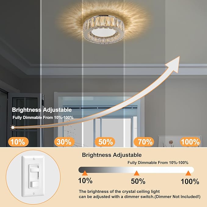 Dimmable Crystal Modern LED Flush Mount Ceiling Light,Chrome 11 Inch Small Chandelier 24W 5CCT 3000K-6000K Hallway Close to Ceiling Light Fixtures for Kitchen,Entryway,Laundry Room,Bedroom