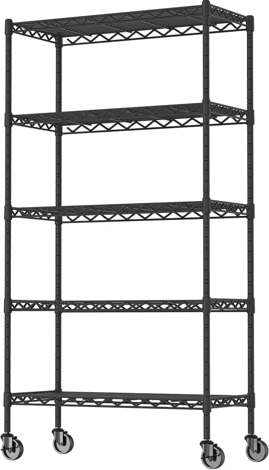 5-Shelf Adjustable Heavy Duty Storage Shelving Unit on 4 Wheel Casters, Metal Organizer Wire Rack for Laundry Bathroom Kitchen Pantry Closet, Black