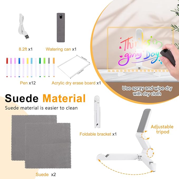 Led Note Board with Colors, 11.8 X 7.9” Acrylic Dry Erase Board with Light, Acrylic Lighted Memo Board with Adjustable Stand, LED Light-Up Message Note Board with 12 Pen for Office School Home