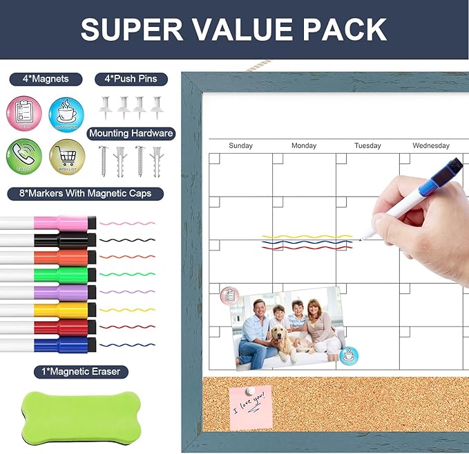 Whiteboard Calendar & Corkboard for Wall, 17x13 Inches Dry Erase Monthly Calendar with Wood Framed, Magnetic White Board Cork Board Combo, Bulletin Board for Home Office Kitchen Memo Planner