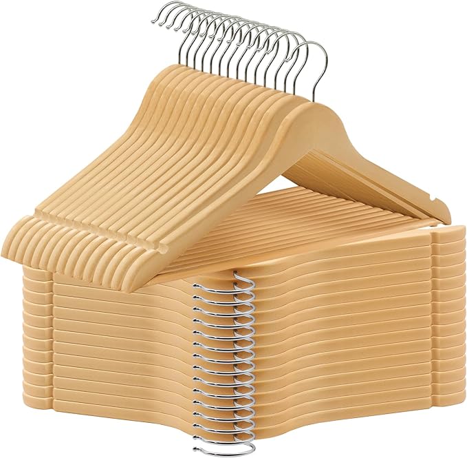 30 Pack Wooden Coat Hangers, 360° Swivel Hook, Suit Hangers with Anti-Slip Notches, Clothes Hangers for Jackets, Shirts, Dress, Natural UAWY0530N
