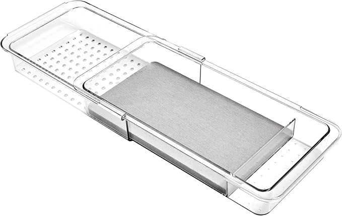 madesmart Expandable Dental Tray Drawer Organizer with Drying Stone, Clear Plastic Drawer Organizer for Toothbrush, Dental Floss, Water Flosser, Mouthwash