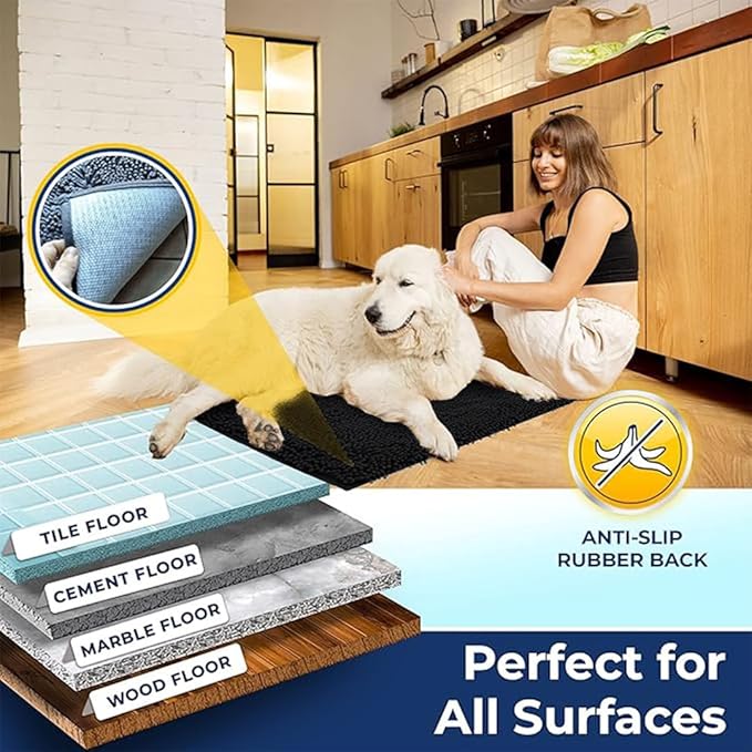 Muddy Mat Chenille Bathroom Rugs Quick Dry Microfiber Mats Non Slip Washable, Extra Thick, Soft and Highly Absorbent Bath Mats for Bathroom, Kitchen, and Shower Floor - Black Small 28"X18"