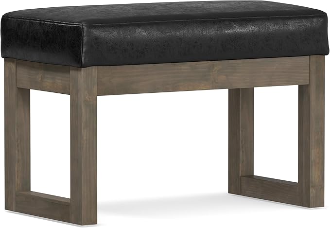 SIMPLIHOME Milltown 27 inch Wide Contemporary Rectangle Footstool Ottoman Bench in Distressed Black Vegan Faux Leather, Assembled, For the Living Room and Bedroom