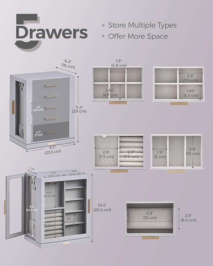 360° Rotating Jewelry Box with 5 Drawers, Spacious Vertical Jewelry Organizer with Glass Window, Jewelry Storage Case, Dustproof & Moisture-resistant Design, Grey