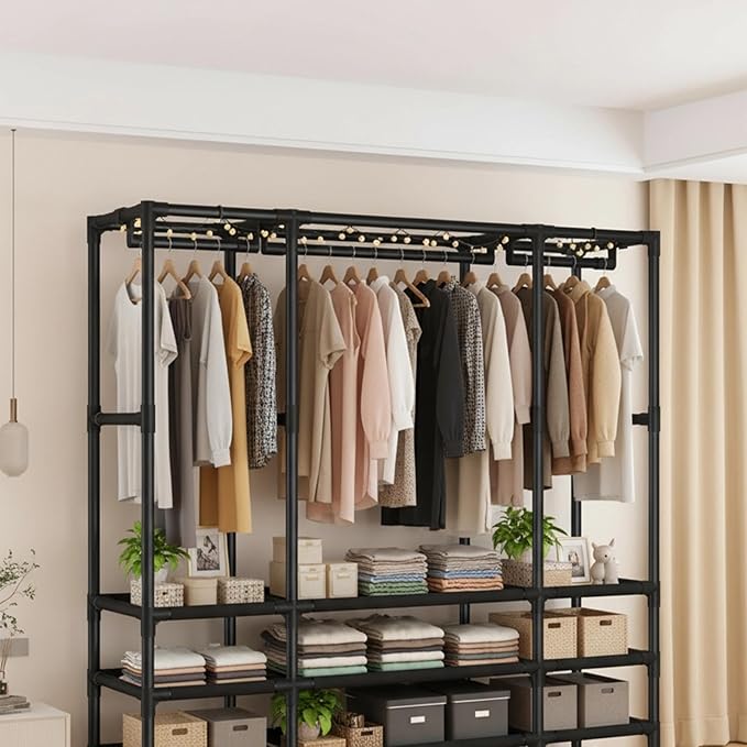 Portable Closet,Portable Closets for Hanging Clothes,Japanese Style Garment Rack with 2 Hanging Rods,6 Storage Shelves,43.3" L x 17.7" W x 65.1" H,Black