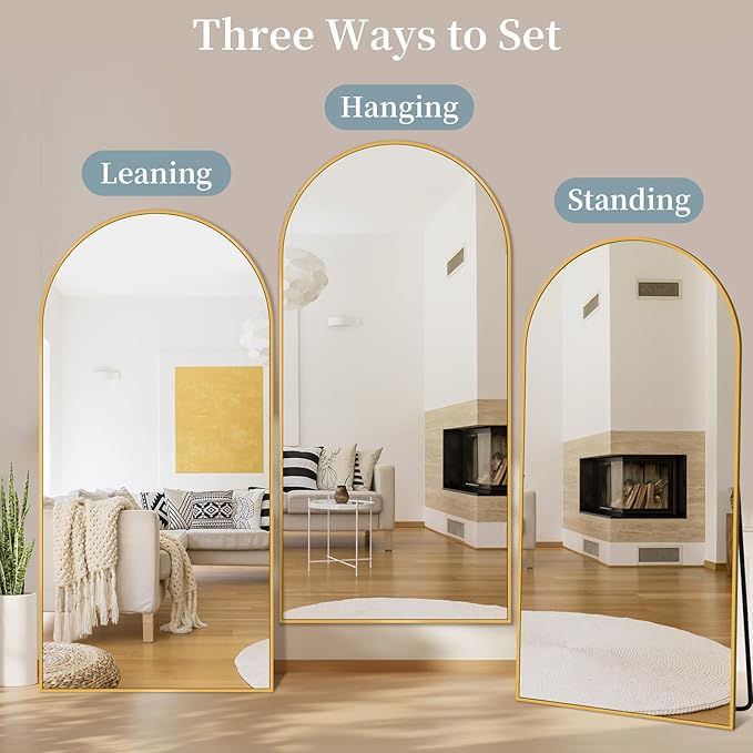 Full Length Mirror with Stand, 76"x44" Arched Full Body Mirror, Large Stand Up Mirrors, Aluminum Frame Floor Standing Mirrors, Freestanding Hanging Leaning Mounted for Bedroom Living Room, Gold
