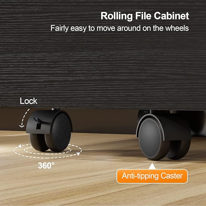 VINGLI 2-Drawer File Cabinet with Lock, Small Rolling Wood Filing Cabinet for Hanging Letter Size Filings with Tabs, Mobile Under Desk File Organizer for Home Office, Classic Black, 27.2" H