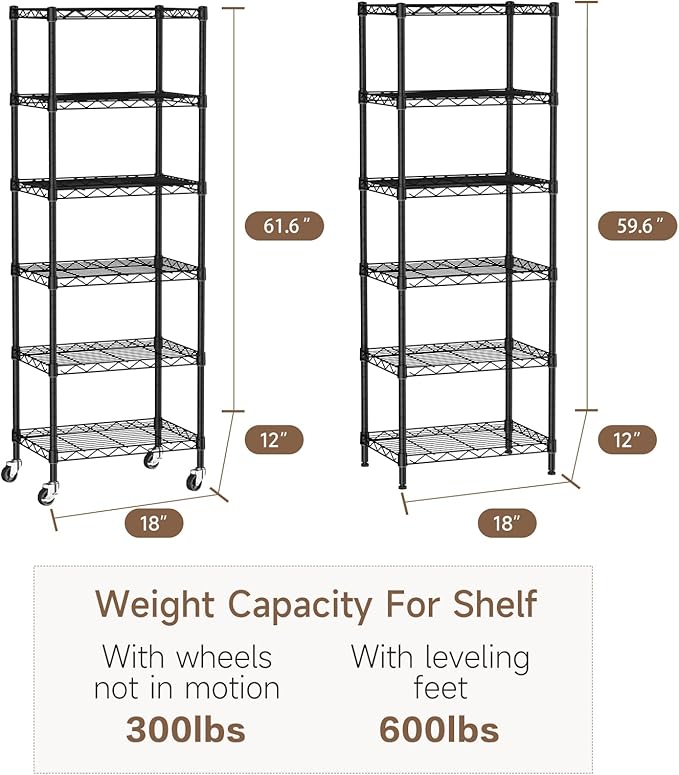 Small 6 Tier Shelves Storage Wire Shelving Unit Metal Shelf Adjustable Organizers Storage Shelving with Wheels for Bathroom Laundry Room Kitchen Pantry12”D x 18”W x 61.6”H Black