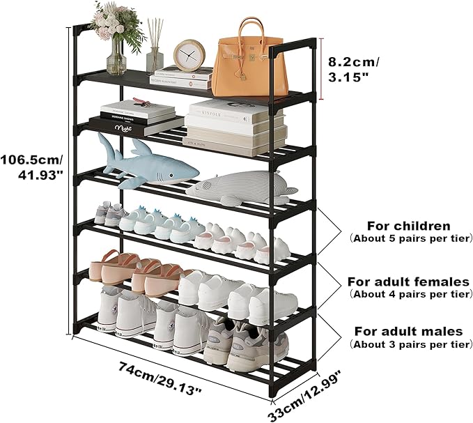 Calmootey 6-Tier Shoe Rack, Tall Large Capacity 30 Pairs Shoes Storage Organizer, Stackable Wide Shoe Shelf for Entryway, Hallway, Black