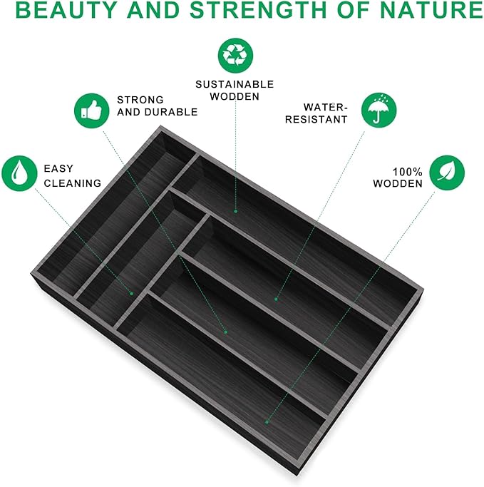 Kitchen Wood Utensil Tray Silverware Drawer Organizer Wooden Cutlery Trays Flatware Organizers Divider 14.6"x9.5" Silverware Tray Spoon Fork Organizer Black Bamboo Cutlery Utensil Holder for Drawer