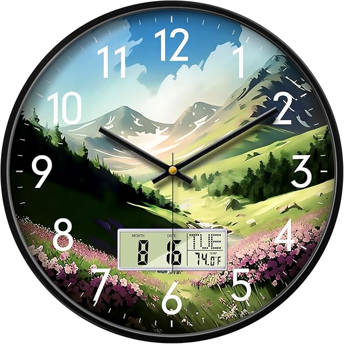Digital Large Display Silent Wall Clock with Temperature Date Mountain Flowers Modern Non-ticking Battery Operated Mount Clocks Bathroom Kitchen Clock Farmhouse Living Room Office Decor 14 Inch