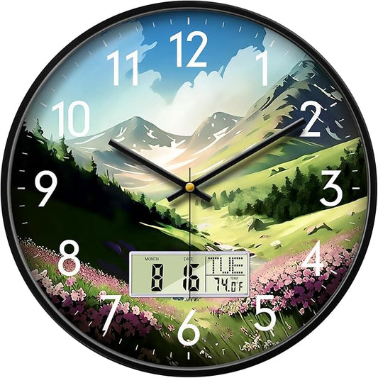 Digital Large Display Silent Wall Clock with Temperature Date Mountain Flowers Modern Non-ticking Battery Operated Mount Clocks Bathroom Kitchen Clock Farmhouse Living Room Office Decor 14 Inch