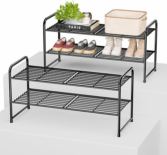 SUFAUY 2 Pack 2-Tier 33" Wide Shoe Rack, Shoe Shelf Storage Organizer for Entryway, Extra Large Capacity, Bedroom Footwear Organizer, Wire Grid, Black