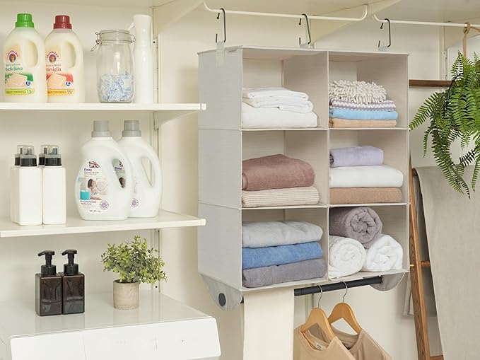 StorageWorks Hanging Closet Organizer with Metal Rod, 6-Section Closet Organizers and Storage, Collapsible Hanging Shelves for Baby Clothes, Shoes, Sweater Storage, Ivory and White