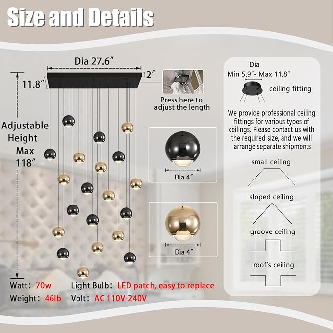 Rectangular Chandelier Crystal Balls Chandeliers Flush Mount Ceiling Light for Dining Room Living Room High Ceiling Chandelier for Staircase Foyer Entryway Black and Gold Chandeliers 2700k-6000k