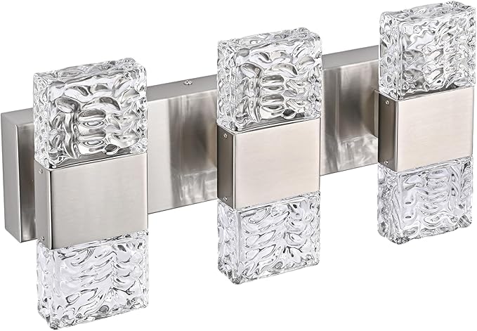 MELUCEE 3-Light Brushed Nickel Vanity Light Bar LED Bathroom Lighting Fixtures Over Mirror Dimmable Modern Wall Light with Crystal Column for Bath Restroom Powder Room, 3000K Warm Lighting