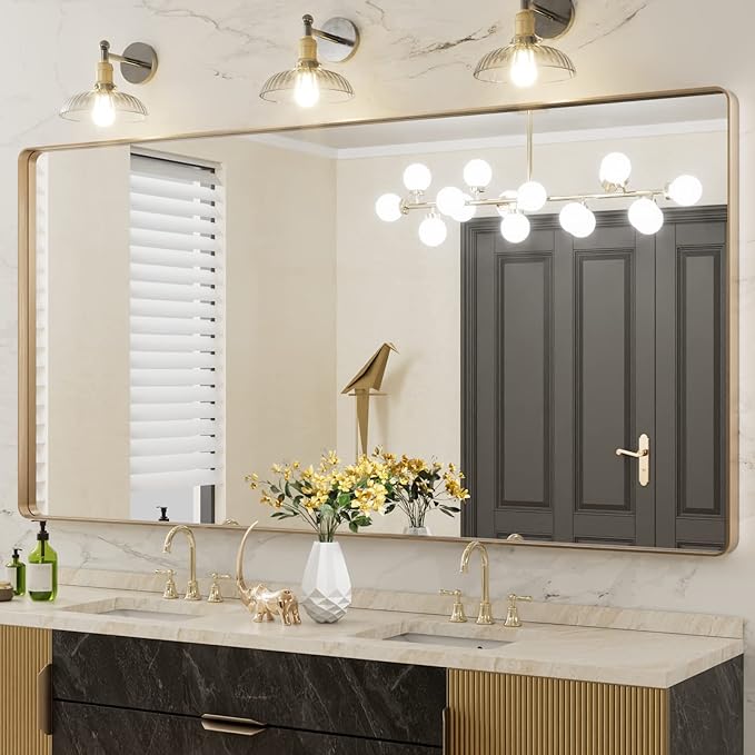 LOAAO 72”X36” Gold Bathroom Mirror, Rounded Rectangle Gold Frame Mirror, Brushed Gold Bathroom Vanity Mirror Wall-Mounted, Anti-Rust, Tempered Glass, Hangs Horizontally or Vertically