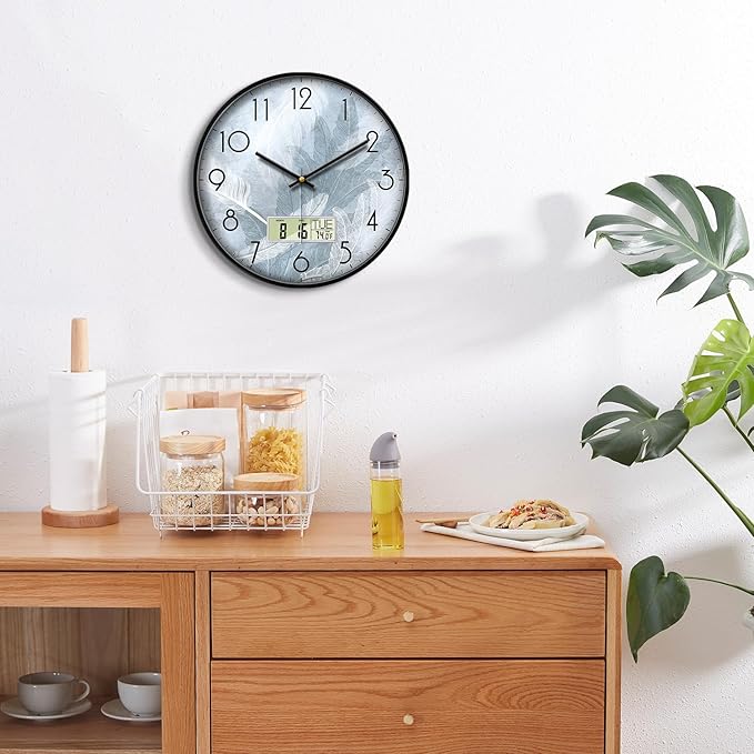 SCAOGE Digital Wall Mount Clock with Date Temperature Day White with Blue Feather Unique Silent Calendar Clocks Battery Operated Large Display Decorative for Bathroom Kitchen Office Bedrooms 12 Inch