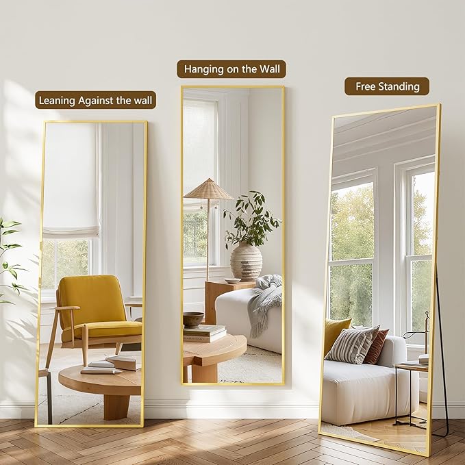 Koonmi Large Mirrors, 64"x21" Full Length Mirror with Stand, Full Body Mirror with Aluminum Alloy Frame, Hanging or Leaning Against Wall Floor Standing Mirrors for Bedroom Living Room, Gold