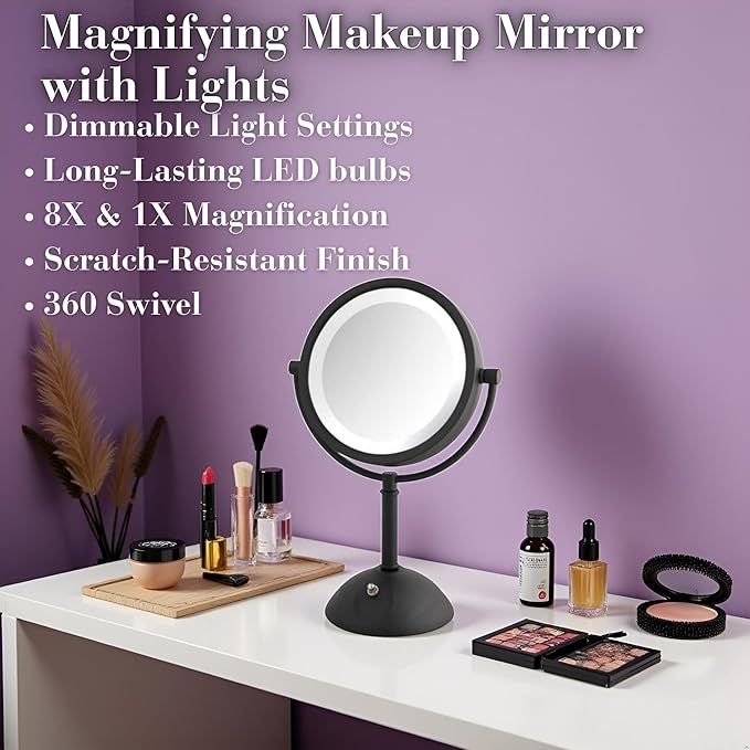 JERDON Lighted Makeup Mirror with Magnification - 1X and 8X Magnification - Black Makeup Mirror - Model HL8808BKL