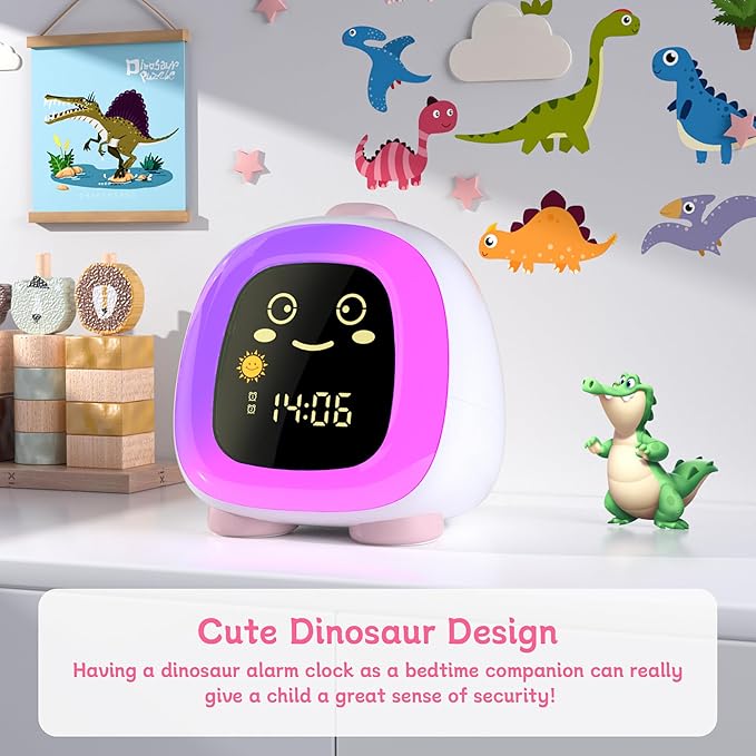 Cute Kids Clock, Night Light for Kids with Snooze Mode Sleep Timer Dual Alarm Sleep Training 3 Brightness 10 Color Night Light Adjustable Volume Memory Battery, Ok to Wake Clock for Kids