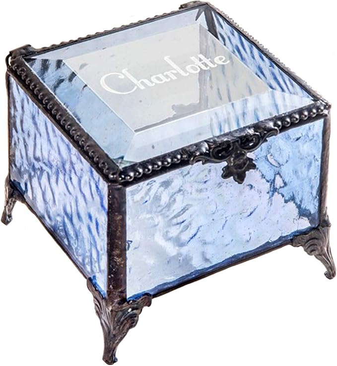 Personalized Engraved Jewelry Box Decorative Vanity Display Stained Glass Keepsake -J Devlin Box EB217-1 (Blue)