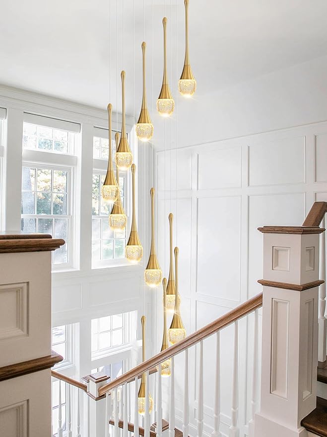 12-Lights Staircase Chandelier Gold Pendant Light Fixture for Sloped High Ceiling Raindrop Chandelier for Living Room Foyer Hallway Villa