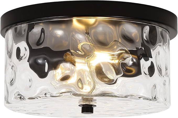 LamQee 9.8" Small Flush Mount Ceiling Light With Clear Hammered Glass, Black Hallway Light Fixtures Ceiling Mount for Bathroom, 2-Lights Farmhouse Close To Ceiling Light Kitchen Foyer Entryway Bedroom