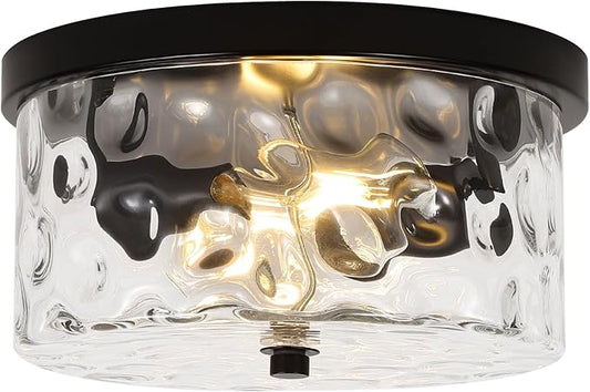 LamQee 9.8" Small Flush Mount Ceiling Light With Clear Hammered Glass, Black Hallway Light Fixtures Ceiling Mount for Bathroom, 2-Lights Farmhouse Close To Ceiling Light Kitchen Foyer Entryway Bedroom