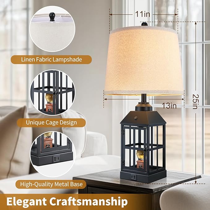 25" Farmhouse Table Lamps for Living Room, Black Lamps Set of 2 with USB Port and Nightlight, Rustic Table Lamp for Bedroom, Bedside Lamp for Nightstand, End Table, Home, Office, LED Bulbs Included