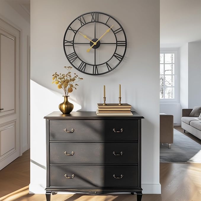 24 Inch Wall Clock Black, Large Decorative Wall Clocks for Living Room, Modern Metal Round Clocks Battery-Operated Completely Silent Non Ticking Roman Number