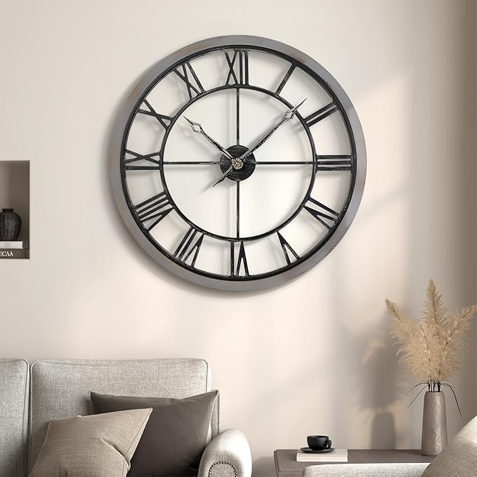 Large Wall Clock 24 Inch, Big Round Clock Decorative Battery Operated with Solid Wood Frame Non-Ticking Silent, Farmhouse Wooden Wall Clocks for Living Room, Kitchen, Office