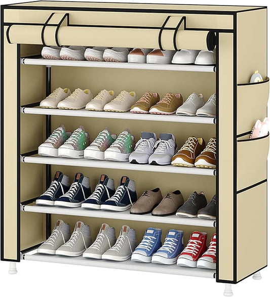 Laiensia 5-Tier Vertical Shoe Rack Organizer, Space Saving Shoe Storage Organizer, Non-Woven Cover Shoe Shelf Holds 20-25Pairs for Bedroom, Hallway, Closet Entryway, Beige