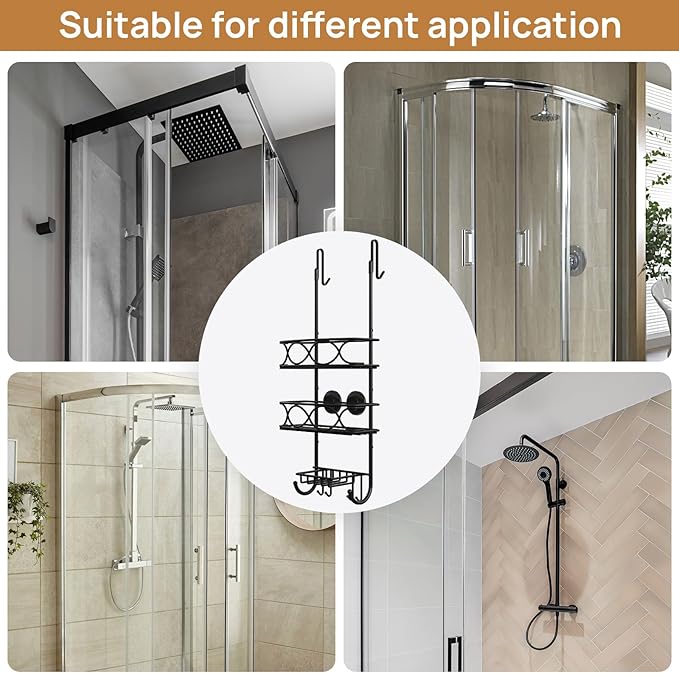 LEVERLOC Over The Door Shower Caddy, Shower Hanging Organizer Sturdy Rust Proof Bathroom Shelves with Strong Suction Cup and Reliable Hooks, Bath Basket Storage Rack, Metal Black