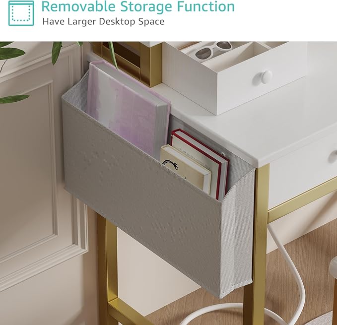 Small Makeup Vanity Desk with Lights, 31 inch Girls Vanity Set with Mirror and Chair, Make Up Dresser Table with Drawers and Power Outlet for Bedroom Small Space, White and Gold