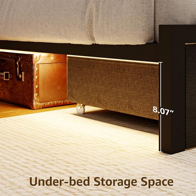 Queen Size Black Bed Frame with 4 Storage, Upholstered Velvet Platform Bed Frames with Button Tufted Headboard Led Lights, Wooden Slats Support, No Box Spring Needed, Black