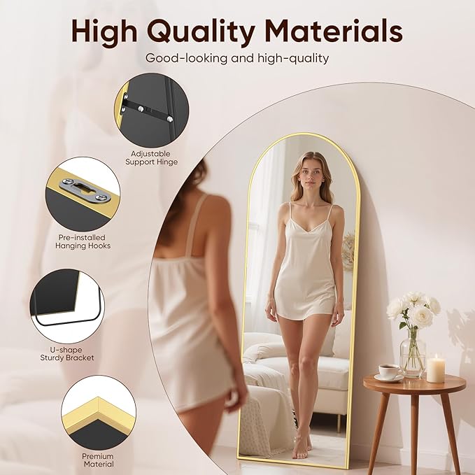 Arched Full Length Mirror 64"x21", Gold Tempered Glass Wall Hanging Mounted Body Length Mirrors with Stand, Large Floor Aluminum Alloy Thin Frame