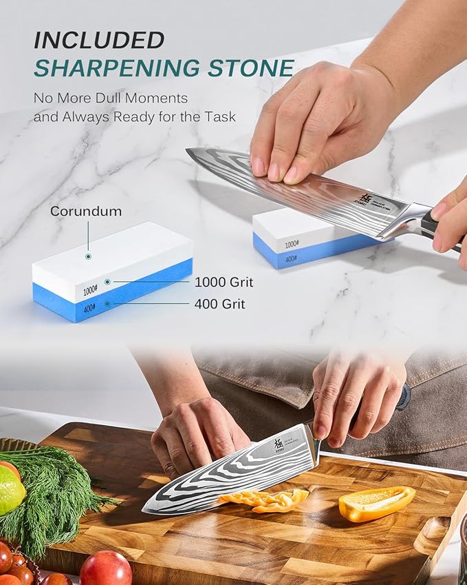 KYOKU 8" Chef Knife, Samurai Series Japanese Chef's Knife with Sharpening Stone, High Carbon Steel Kitchen Knife with Pakkawood Handle Mosaic Pin Gift Box for Meat Vegetable Fruit Chopping Slicing