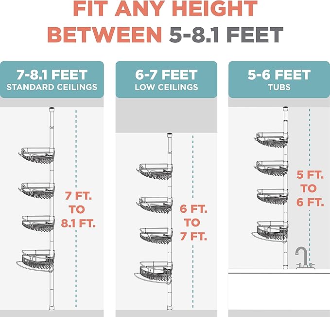 Zenna Home Tension Pole Shower Caddy Corner Organizer, Adjustable Standing Shower Caddy with 4 Baskets and Built in Towel Bar, Rust Resistant Bathroom Tension Rod Organizer, 60 to 97 Inch, Chrome