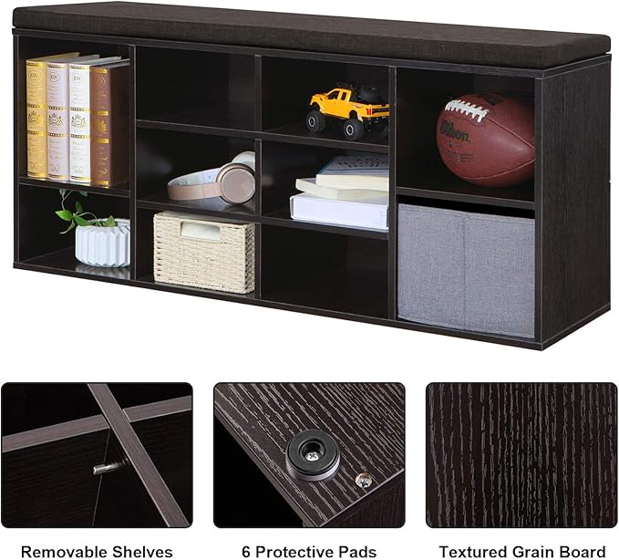 VASAGLE CUSTOS Collection - Shoe Bench, Storage Bench with Padded Seat, Entryway Bench with 10 Compartments, for Bedroom, 11.8 x 40.9 x 18.9 Inches, Espresso Brown and Chestnut Brown ULHS10BR