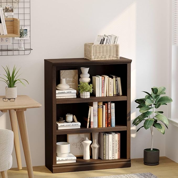 blini 3-Shelf Bookcase Wooden Bookshelves Dark Cherry 33in Wide Floor Standing Display Storage Shelves Tall Bookcase for Home Office, Living Room, Bed Room