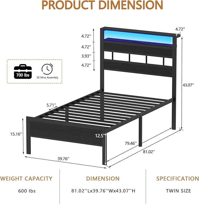 Furnulem Twin Bed Frames with Charging Station and LED Lights, Twin Size Platform Bed with Metal Slats, Wood Headboard with 2-Tier Storage Shelves, No Box Spring Needed, Black Oak