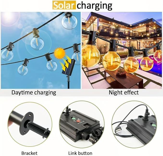 G40 Solar String Lights Outdoor with Remote 60 FT, USB & Solar Dual Charging, Waterproof, 8 Modes 3 Timers, 20+2 LED Shatterproof Bulbs, Dimmable Solar Light for Camping Backyard Bistro Porch Garden