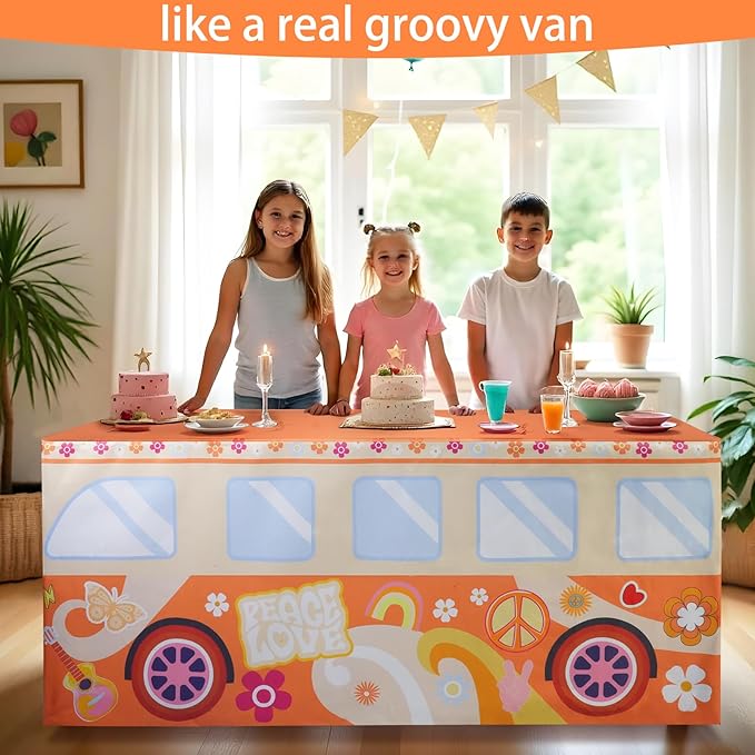 4Ft Groovy Bus Tablecloth,Hippie Birthday Party Decorations for 60s 70s Boho Themed Birthday,Baby Shower,Carnival Party Decorations